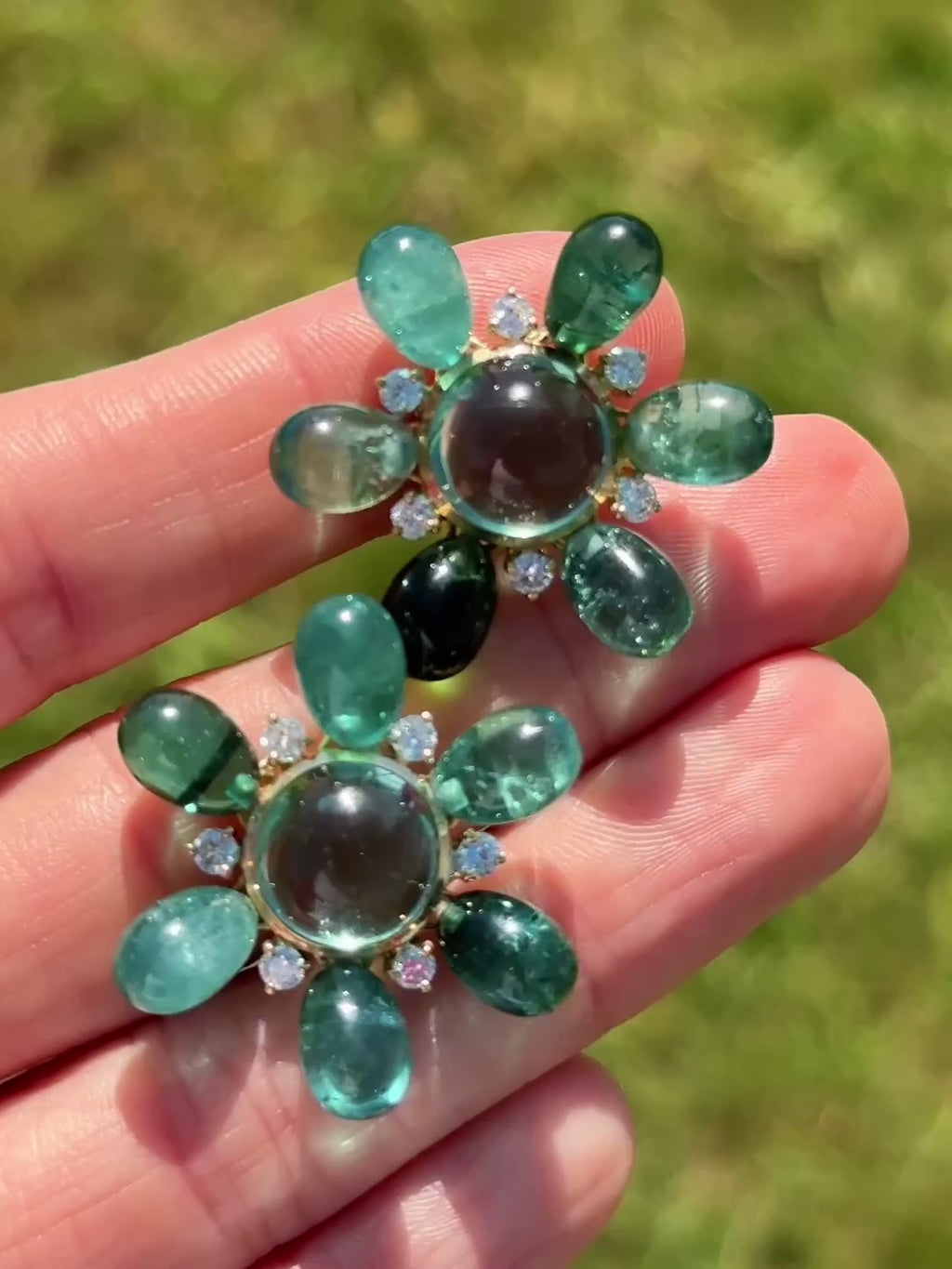 Blue Tourmaline & Diamond Flower Ear Clips