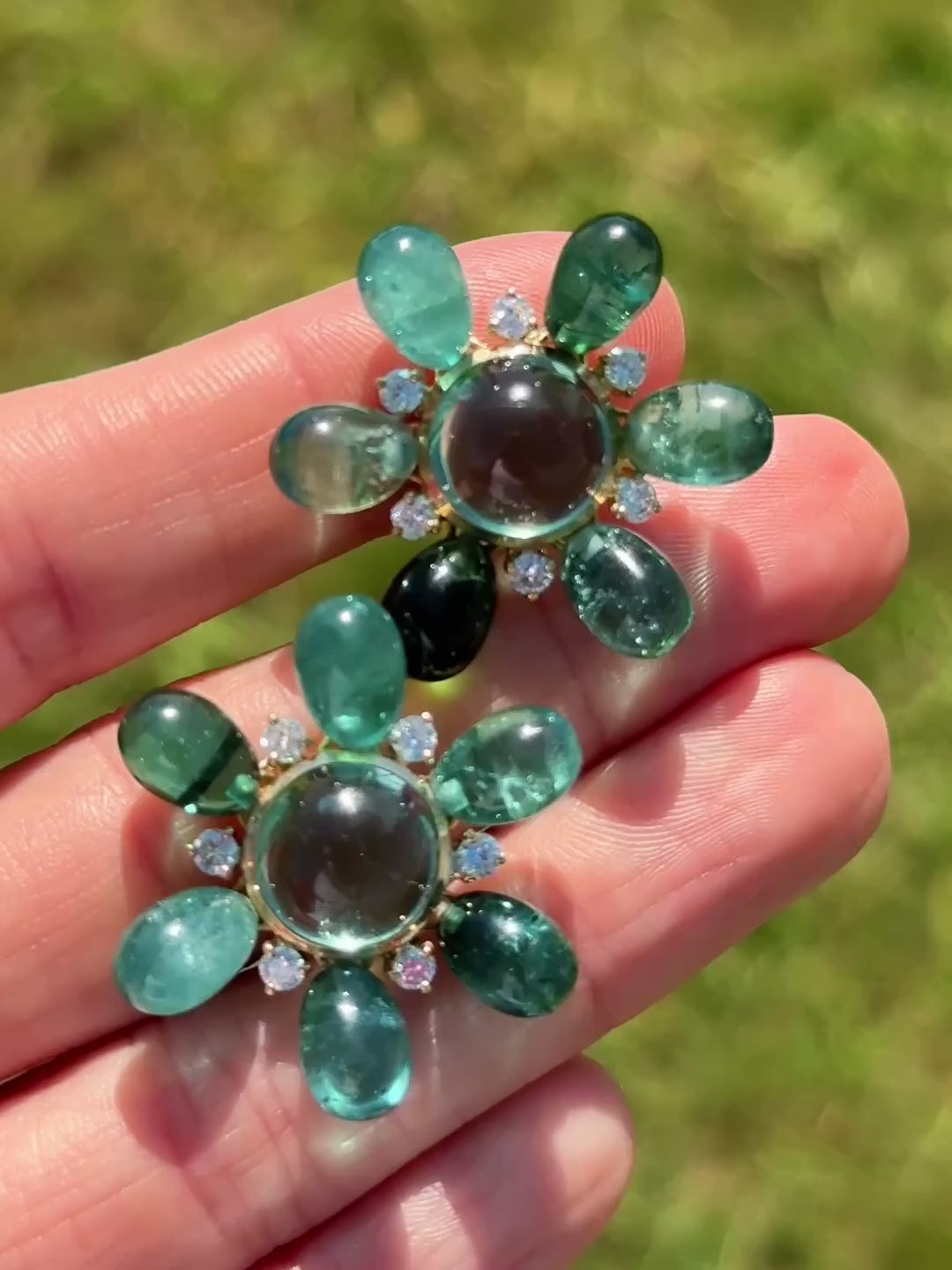 Blue Tourmaline & Diamond Flower Ear Clips