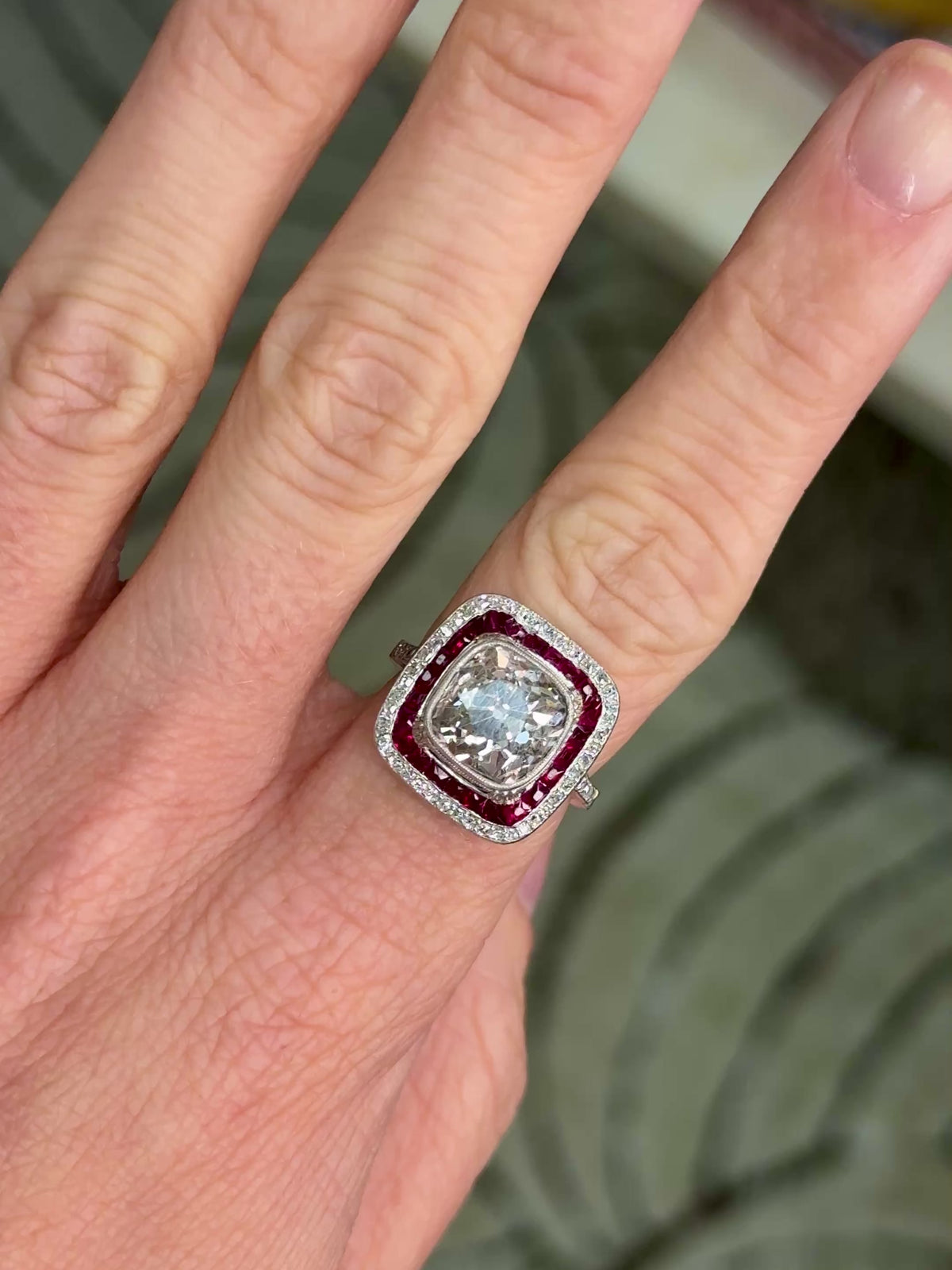 Platinum, Old Mine Cut Diamond & Ruby Ring