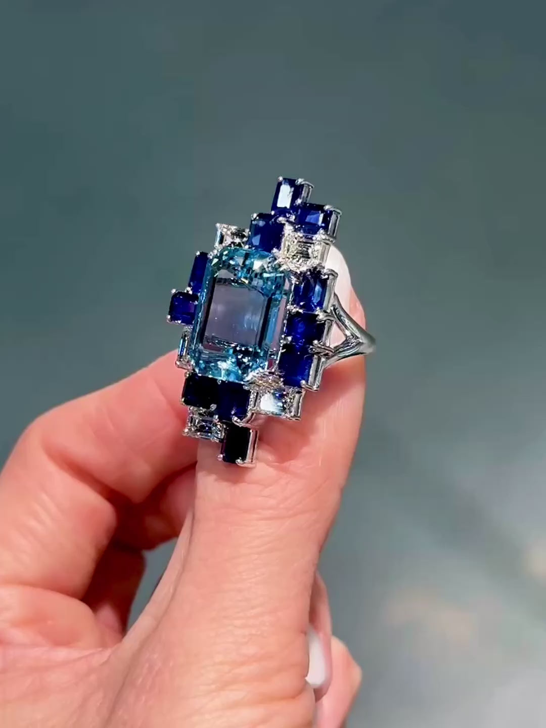 Aquamarine, Blue Sapphire & Diamond Ring