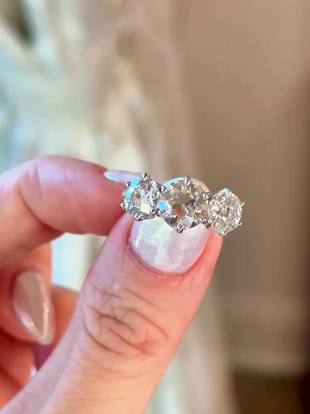 18KYG & Platinum, Old European Cut Diamond Three Stone Ring