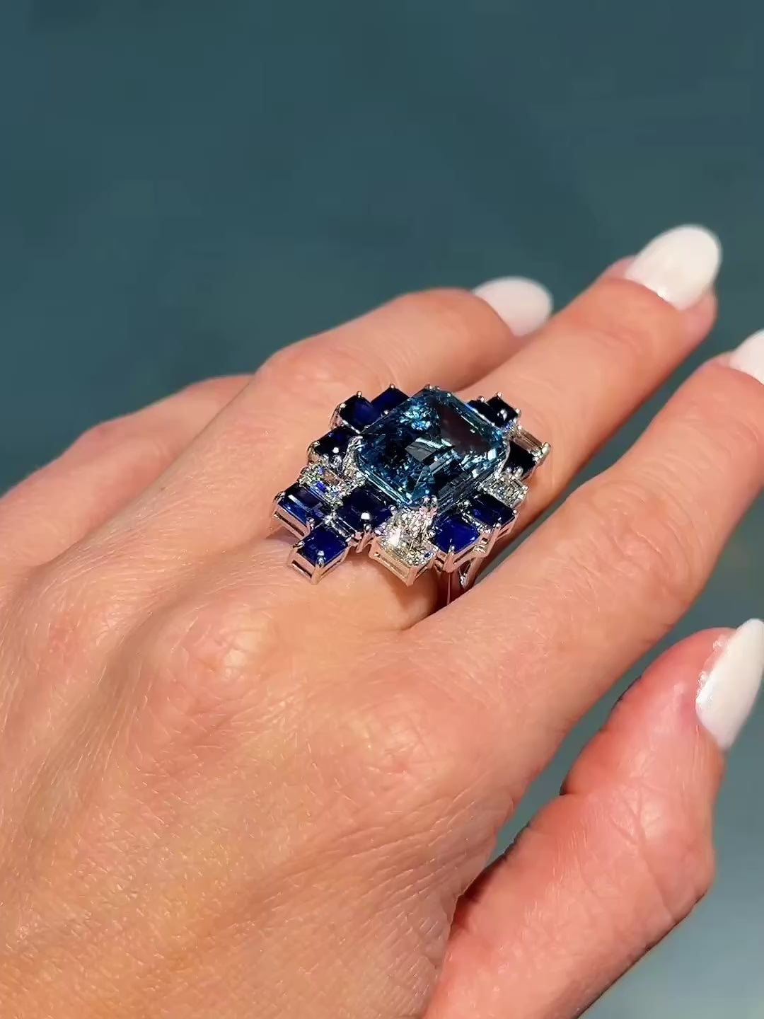 Aquamarine, Blue Sapphire & Diamond Ring